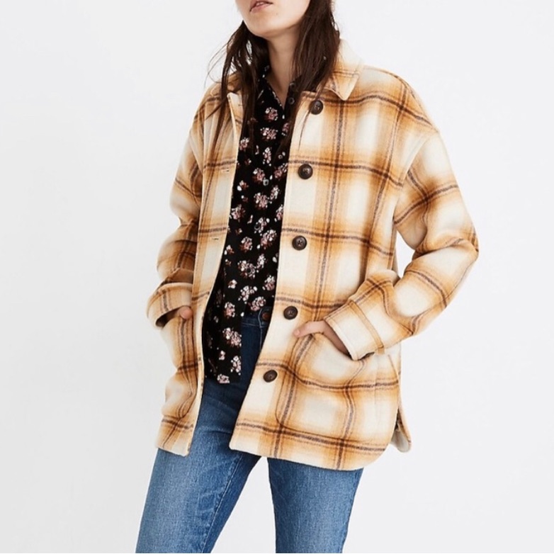 Madewell Walton Shirt Jacket Berean Plaid Gorpcore Large Yellow Brown Cabincore